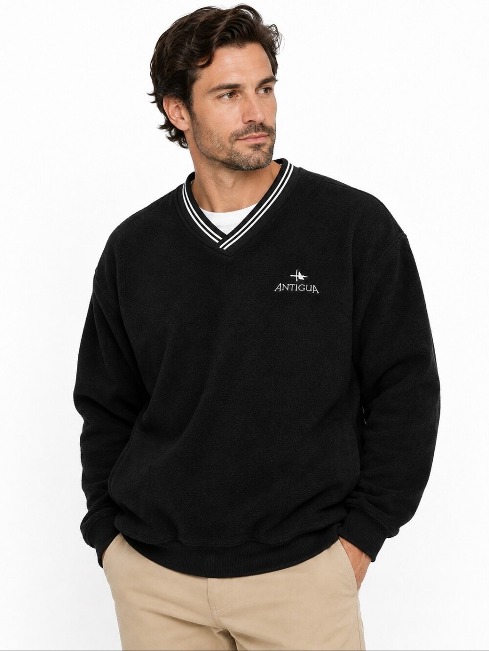 Antigua Men’s Black Fleece V-Neck Pullover Sweatshirt L/G Embroidered Logo